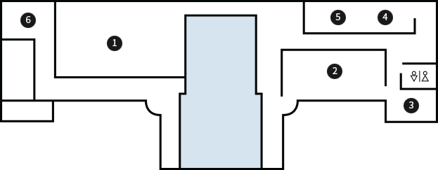 층별안내(공간소개) 2층 소개 6. 그릴 준비실(63m²) 1. 그릴(254m²) 5. 세미나실(74m²) 4. 차대실(31m²) 2. 구회의실(133m²) 3. 예비실(47m²) 